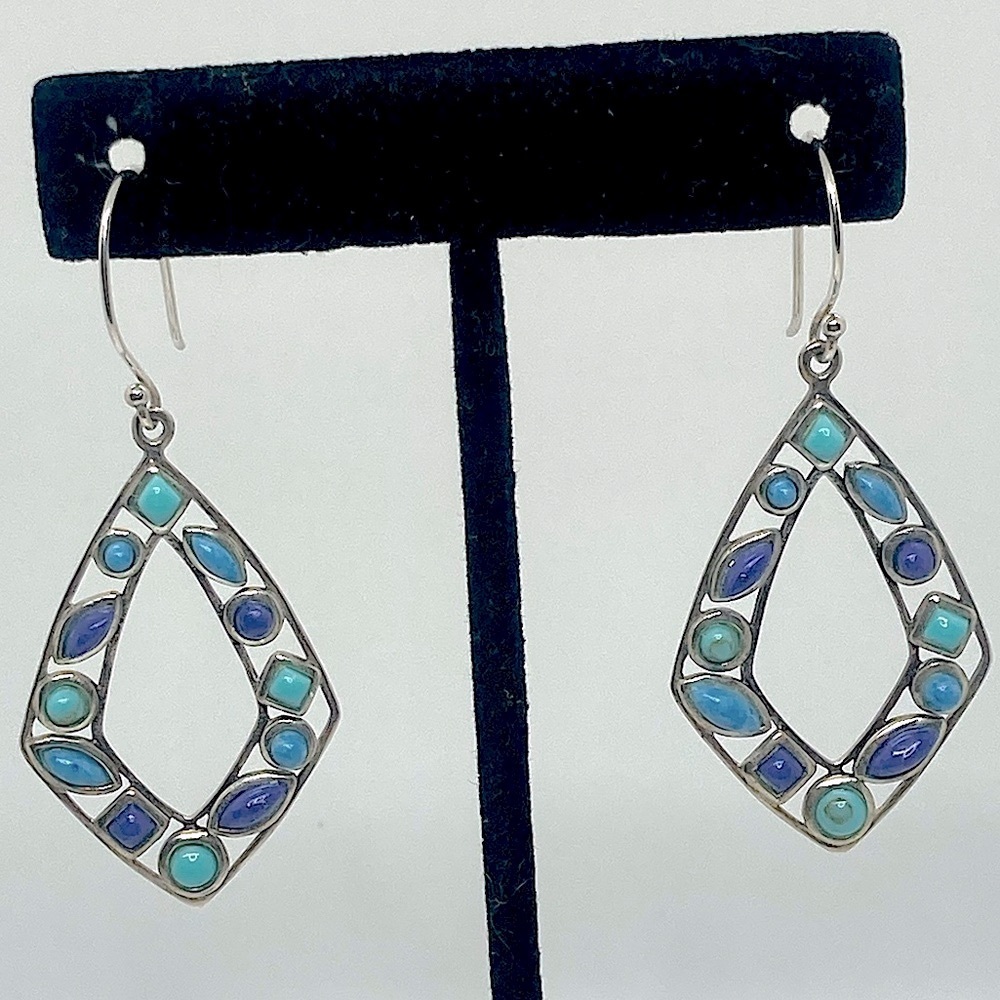 Vtg 925 Sterling Silver & Multi Colour Blue Turqouise Dangle Earrings | 2.2” - Picture 2 of 13